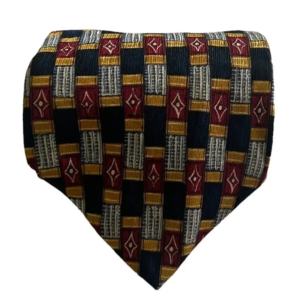 Krizia Uomo Italy Blue Red Yellow Rectangle Diamond Geometric Silk Tie